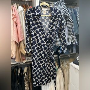 Julie Brown navy and white nautical print spandex collared wrap dress
